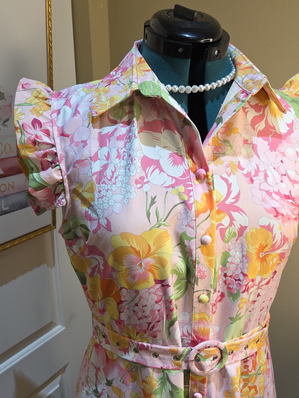 Nwt Large & Medium Dalia Macphee Pink Floral Midi Dress with Collar & Ruffle - Picture 17 of 17